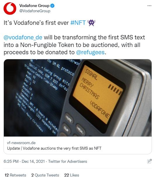 英國沃達豐公司也表示，計劃將拍賣所得全部捐贈給聯(lián)合國難民署，以支持那些被迫逃離家園的人。(圖片來源：英國沃達豐公司社交媒體截圖)