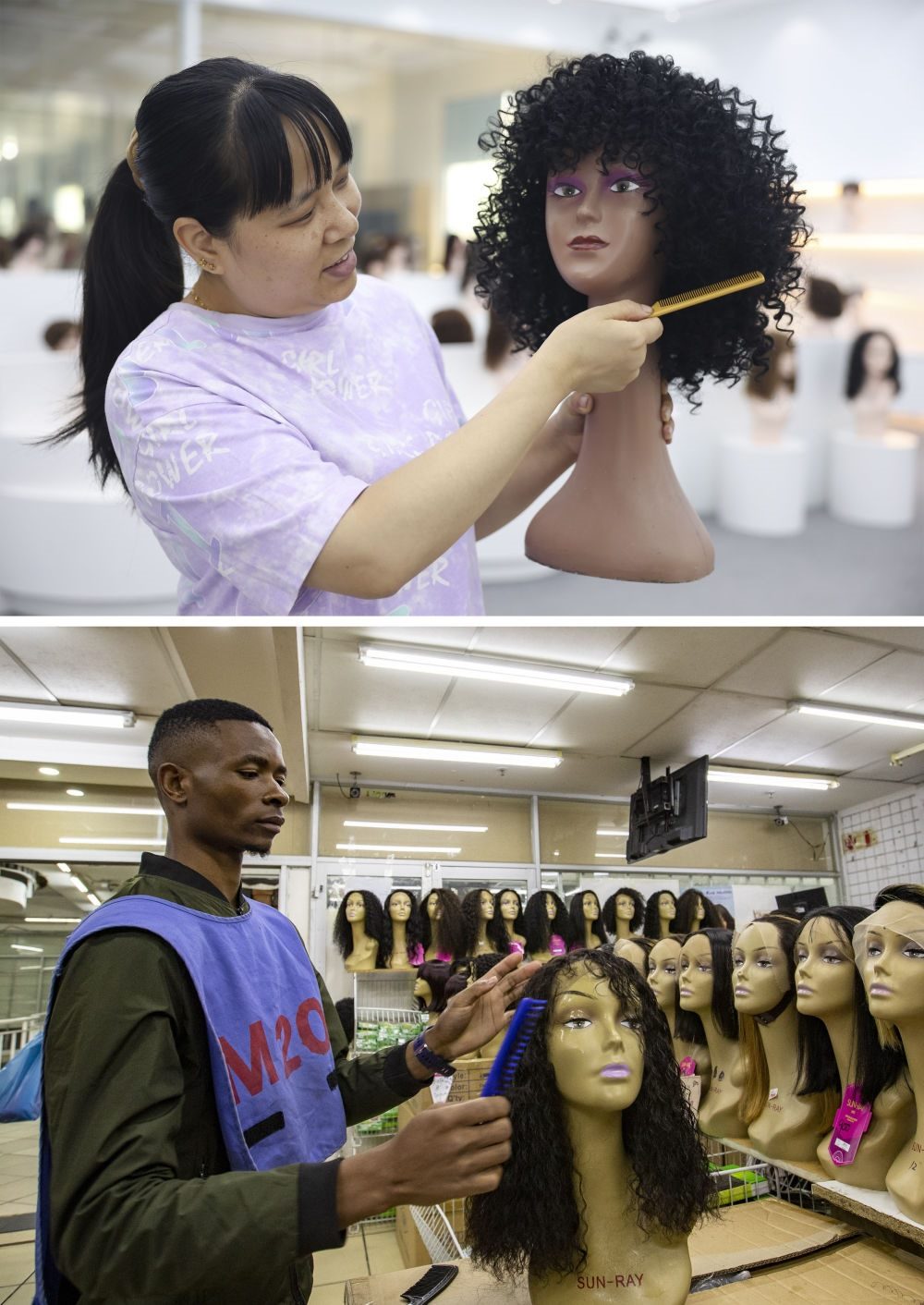 拼版照片：上圖為2023年5月25日，工人在湖南邵陽陽光發(fā)品有限公司展廳展示假發(fā)（新華社記者薛宇舸攝）；下圖為2023年6月9日，一名店員在湖南邵陽陽光發(fā)品有限公司位于南非約翰內(nèi)斯堡的店鋪內(nèi)展示假發(fā)（新華社記者張譽東攝）。新華社發(fā)