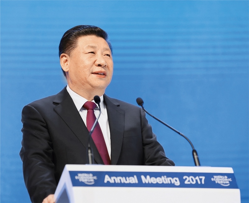 2017年1月17日，習(xí)近平主席在瑞士達(dá)沃斯國(guó)際會(huì)議中心出席世界經(jīng)濟(jì)論壇2017年年會(huì)開(kāi)幕式，并發(fā)表題為《共擔(dān)時(shí)代責(zé)任 共促全球發(fā)展》的主旨演講。