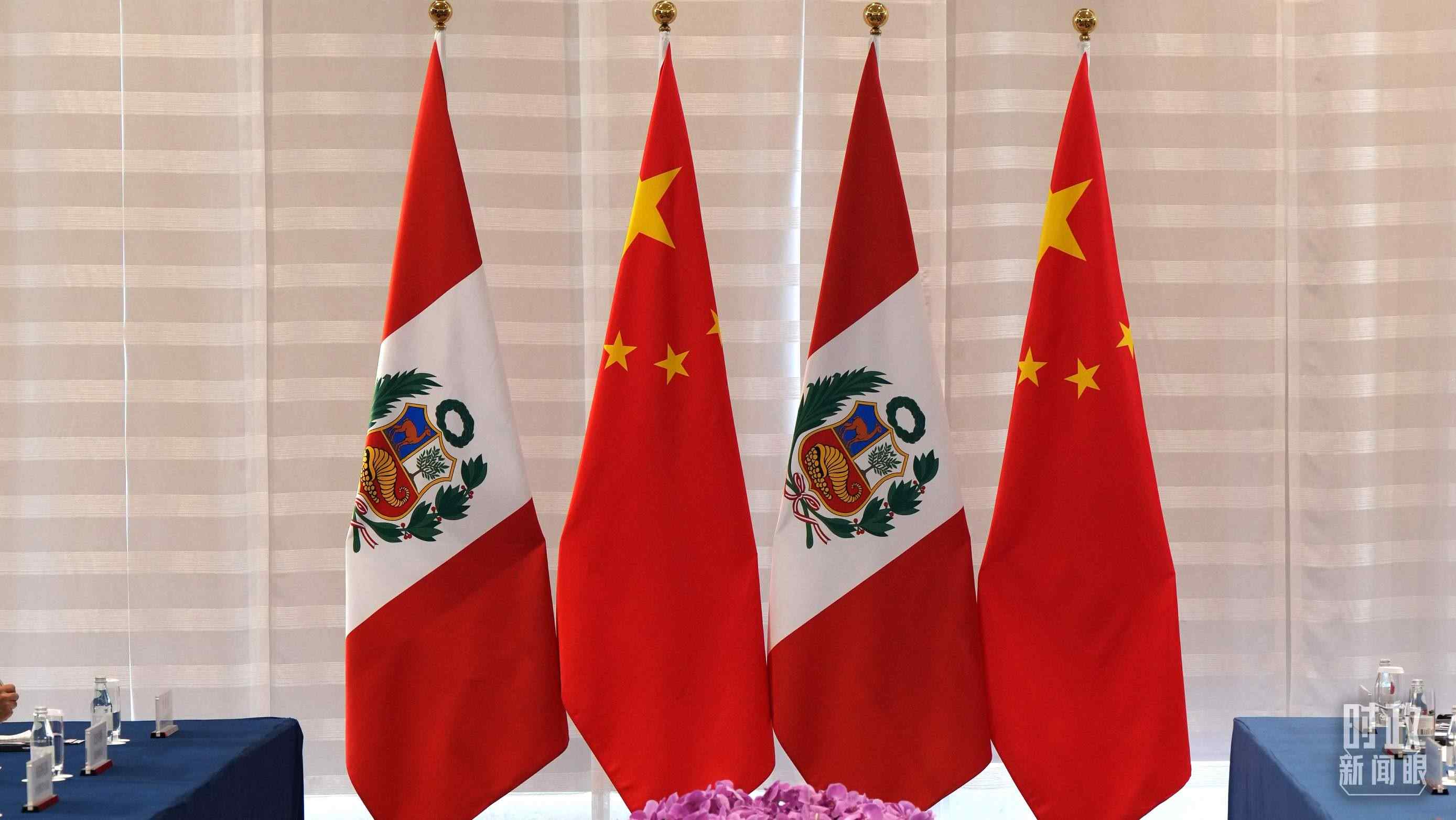 △會談現(xiàn)場的中秘兩國國旗。（總臺國廣記者李晉拍攝）