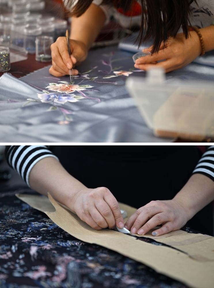 拼版照片：上圖為老美華定制車間的制衣師傅在面料上貼鉆；下圖為老美華定制車間的制衣師傅在面料上劃線（2023年12月8日攝）。天津老美華始創(chuàng)于1911年，歷史上以“千層底”布鞋聞名，是享譽津門的“中華老字號”。新華社記者 李然 攝