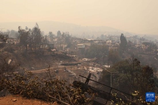 這是2月3日在智利瓦爾帕萊索大區(qū)比尼亞德爾馬市拍攝的在森林火災(zāi)中燒毀的房屋。新華社發(fā)