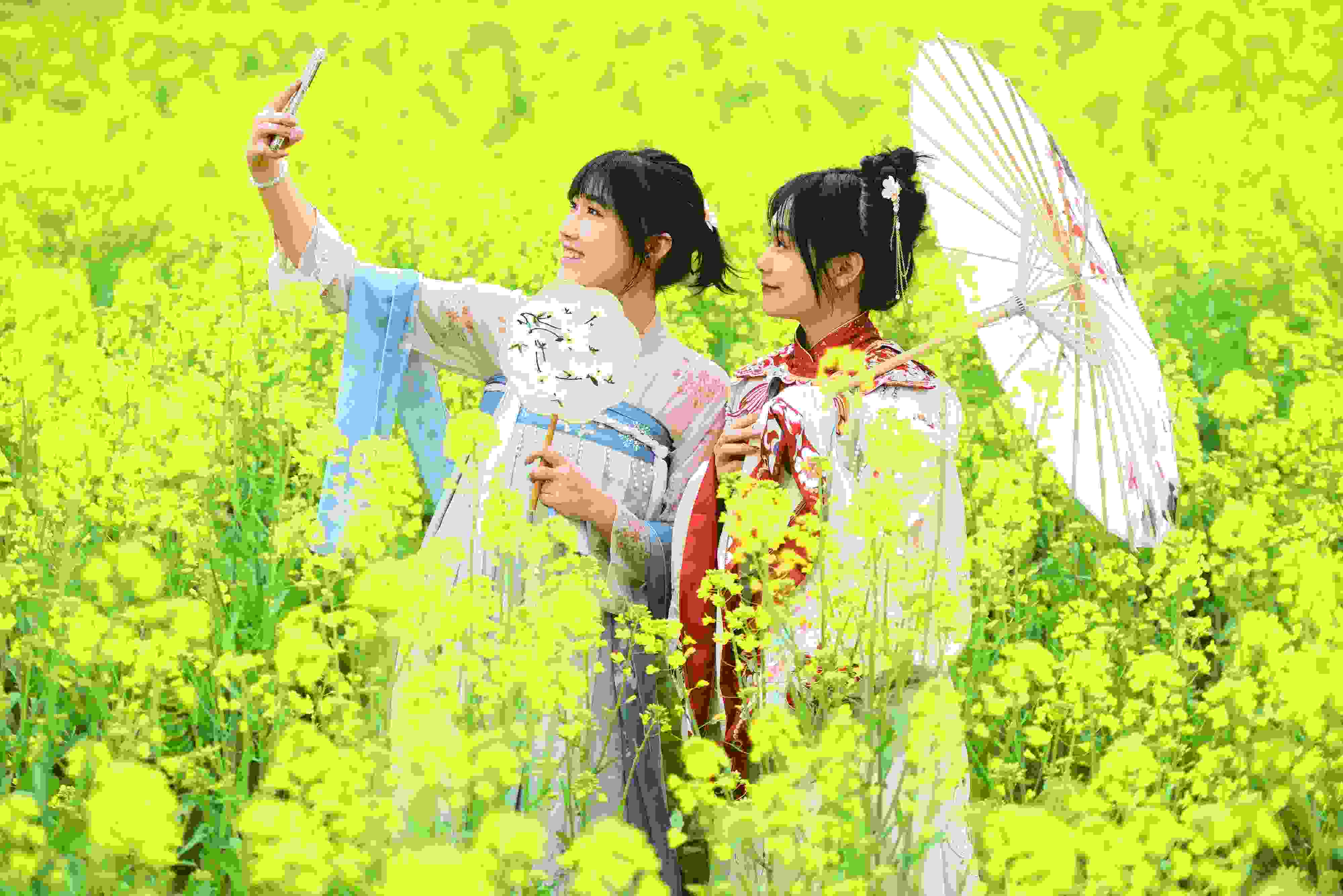 △ 2024年2月16日，廣西賀州，在富川瑤族自治縣麥嶺鎮(zhèn)三民村，游客在油菜花田間賞花拍照。