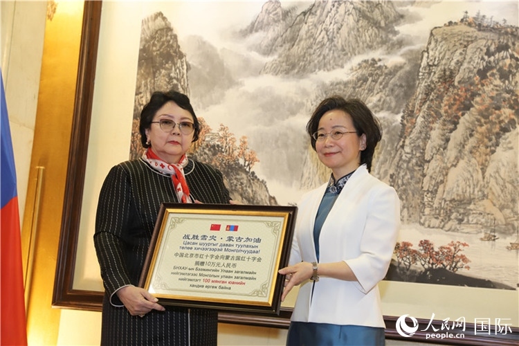 沈大使向?qū)殑跔柆敚ㄗ螅┟貢L(zhǎng)轉(zhuǎn)交捐款。人民網(wǎng)記者 霍文攝