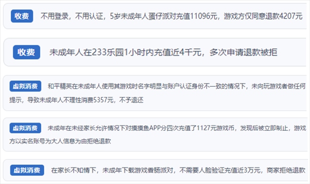 “人民投訴”用戶舉報身份認(rèn)證成擺設(shè)、大額充值無提醒、提供證據(jù)被駁回、商家設(shè)置退款障礙等未成年人網(wǎng)游消費亂象。（“人民投訴”平臺截圖）