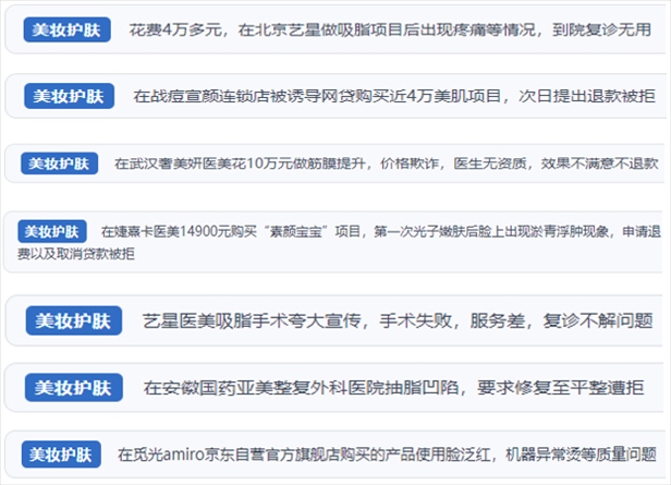 “人民投訴”用戶舉報醫(yī)美未達(dá)預(yù)期效果或?qū)е律眢w損傷退款遭拒、機(jī)構(gòu)及服務(wù)人員虛假資質(zhì)、被誘導(dǎo)高額醫(yī)美貸、網(wǎng)購美容儀器質(zhì)量不過關(guān)等問題。（“人民投訴”平臺截圖）