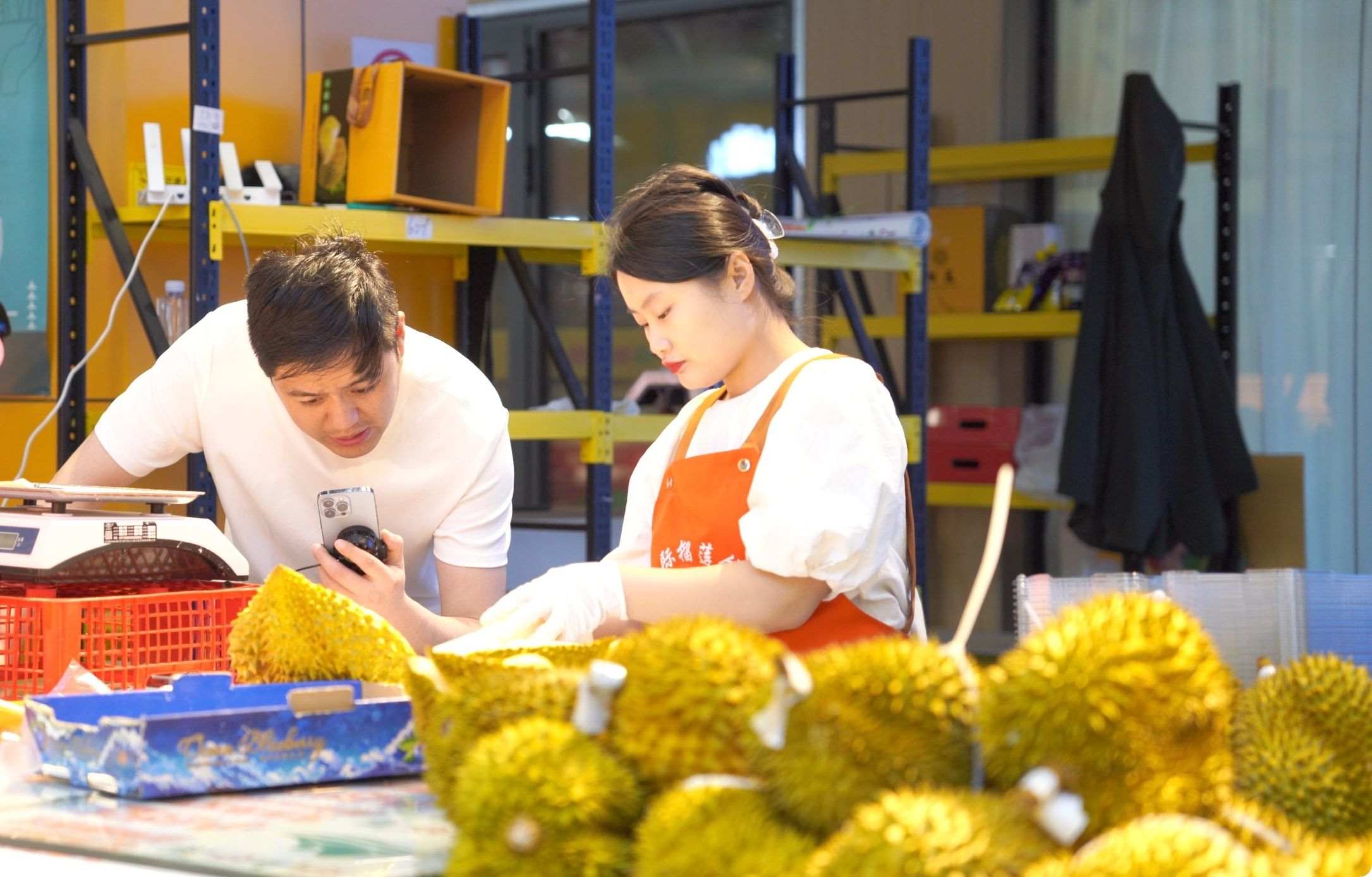 榴蓮商家正在通過手機(jī)直播銷售榴蓮。人民網(wǎng)記者申佳平 攝