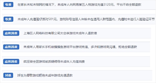 網(wǎng)友涉及“熊孩子”氪金相關投訴問題。（“人民投訴”用戶投訴截圖）