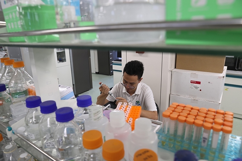 在三亞崖州灣科技城，一名青年科技工作者正在進行科研工作。