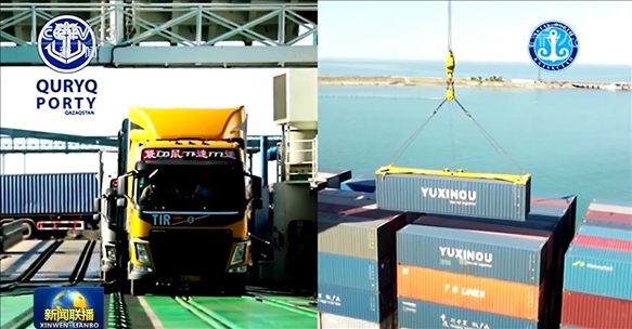 △ 2024年7月3日，中哈兩國元首通過大屏幕觀看車輛登船、集裝箱裝船等實時情況。（新聞聯(lián)播截圖）