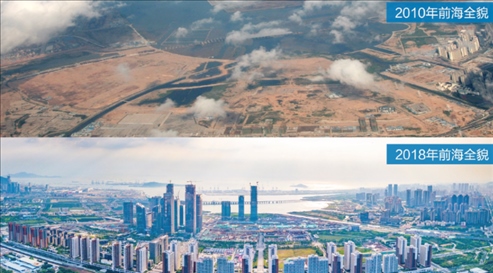 △在前海石公園的前海開發(fā)開放成果展示墻上，一張八年間的前海全貌對比圖。