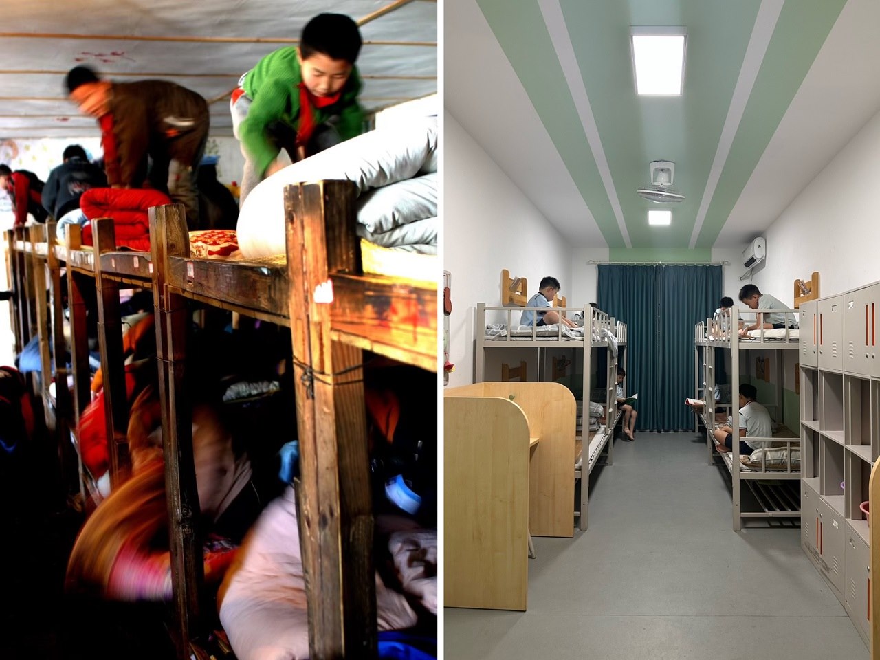 縉云縣東渡鎮(zhèn)長坑小學(xué)2005年以前的學(xué)生宿舍（左），以及現(xiàn)在的學(xué)生宿舍（右） 學(xué)校供圖