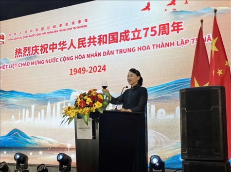 中國駐峴港總領(lǐng)事董碧幽在招待會(huì)上致辭。中國駐峴港總領(lǐng)館供圖