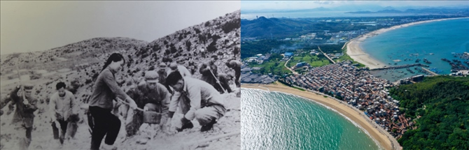 拼版照片：左圖為東山縣群眾在荒山上種植樹苗（資料照片）；右圖為2020年6月18日拍攝的東山縣陳城鎮(zhèn)澳角村附近風光（無人機照片，新華社記者 姜克紅 攝）。