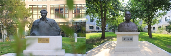 △左圖為中央黨校（國(guó)家行政學(xué)院）校園內(nèi)的焦裕祿雕塑，右圖為校園內(nèi)的谷文昌雕塑。