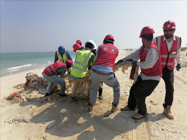 中國(guó)電建員工在撿拾海灘垃圾。中國(guó)電建供圖