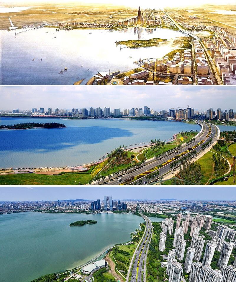 拼版照片：上圖為1994年繪制的蘇州工業(yè)園區(qū)手繪規(guī)劃圖；中圖為2007年拍攝的蘇州工業(yè)園區(qū)；下圖為2023年7月4日用無人機拍攝的蘇州工業(yè)園區(qū)。