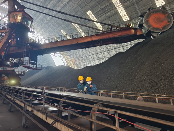 趙善國（右）和同事對電廠煤場進(jìn)行巡檢。受訪者供圖