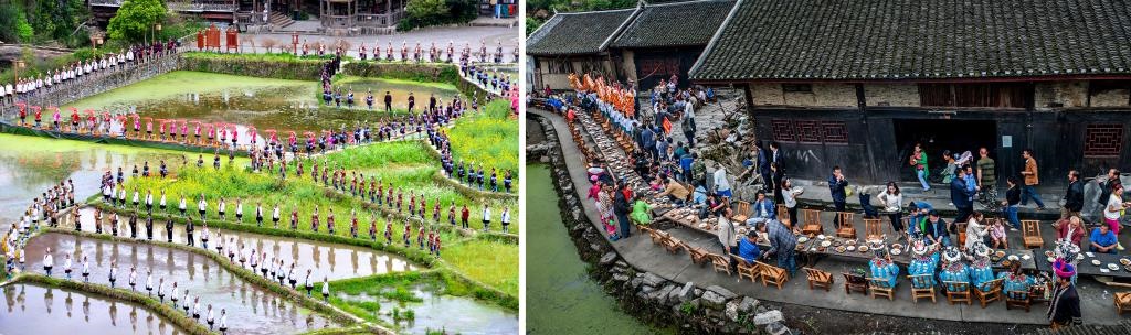 左圖：近期，人們?cè)诶杵娇h肇興侗寨的田園里演唱侗族大歌（黎平縣委宣傳部供圖）；右圖：這是2023年拍攝的十八洞村長(zhǎng)桌宴（湘西州委宣傳部供圖）。