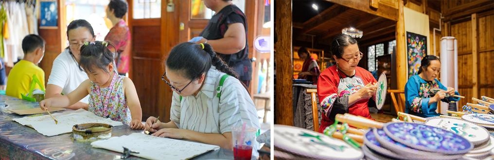 左圖：近期，游客在黎平縣肇興侗寨體驗(yàn)非遺蠟染藝術(shù)（黎平縣委宣傳部供圖）；右圖：這是2024年拍攝的繡娘在十八洞村梨子寨苗繡鄉(xiāng)村振興示范基地制作苗繡產(chǎn)品（湘西州委宣傳部供圖）。