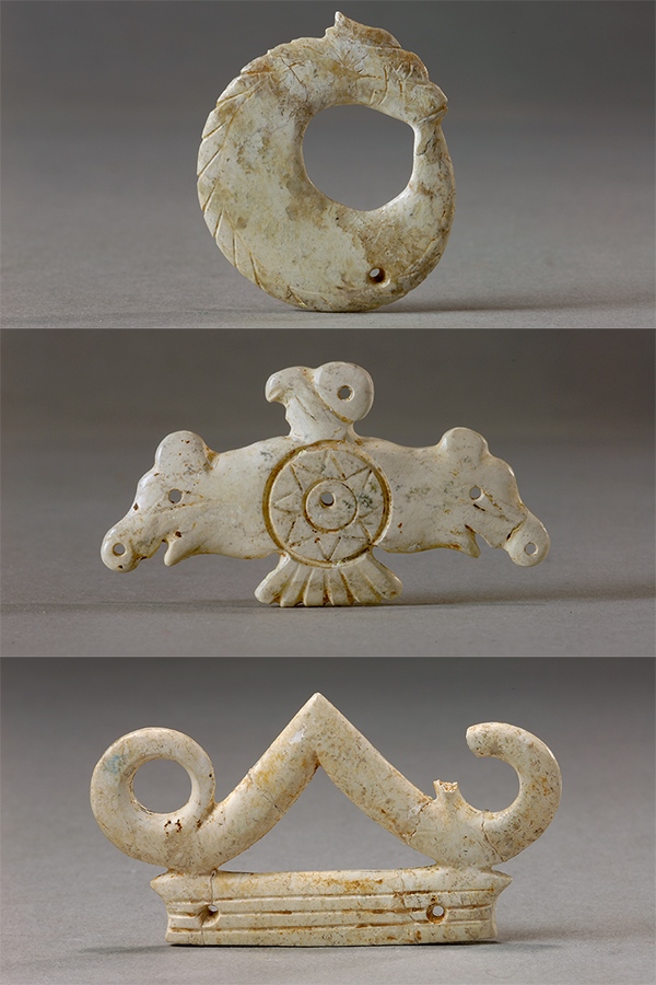 玉龍（上）、玉鷹（中）和玉冠飾（下）。國家文物局供圖