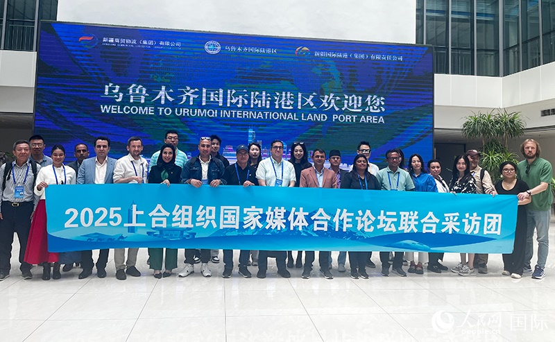 5月26日，外國媒體人在烏魯木齊國際陸港區(qū)合影留念。 人民網(wǎng)記者 翟轉(zhuǎn)麗攝